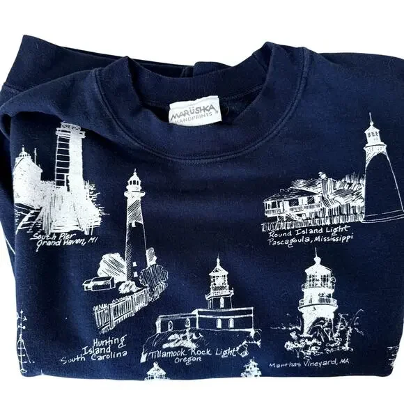Vintage Marushka Handprints Navy Unisex Lighthouse Sweatshirt Size Small - Picture 4 of 5